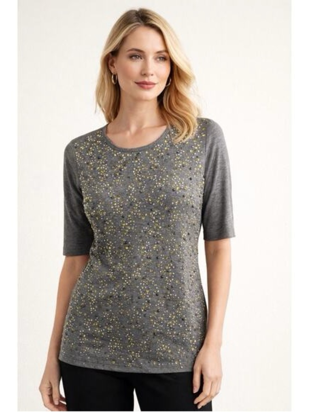 St. John Gray Short-Sleeve Embellished Knit Tee 1095
